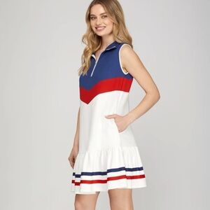 She + Sky Blue Red White Knit Mini Dress Size Large 1/3 Zip Sleeveless patriotic